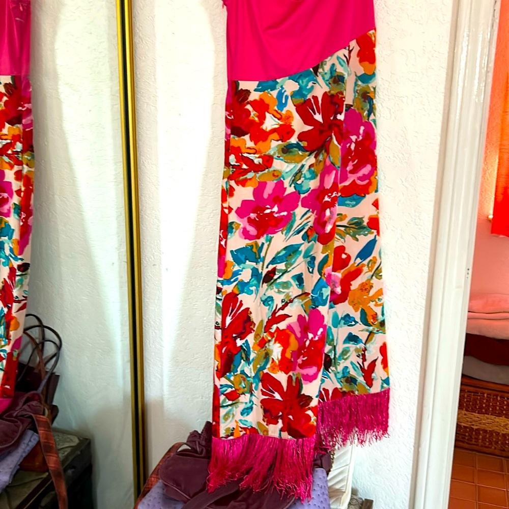 Pink Boho Womens Floral Print One Shoulder Fringe Hem Dress